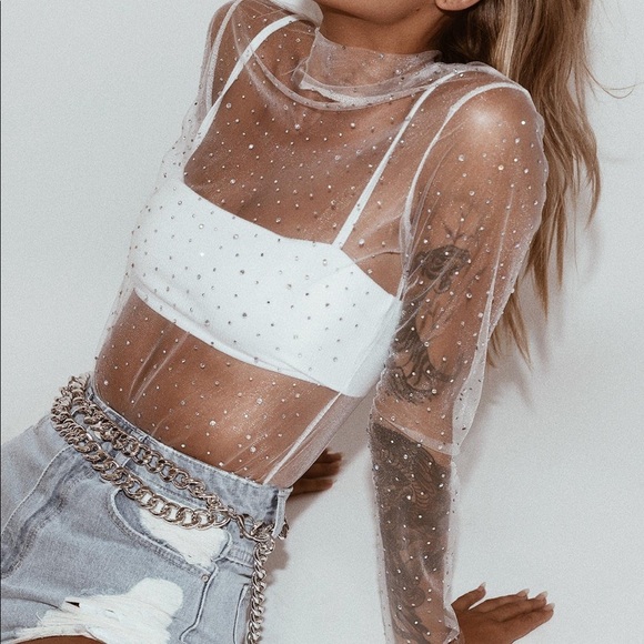 Princess Polly Tops - Princess Polly Mesh White Rhinestone Top